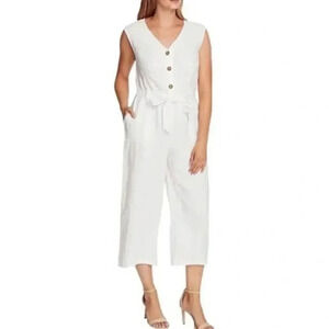 Vince Camuto White Linen Cropped Wide Leg Sleeveless Jumpsuit Size XS 